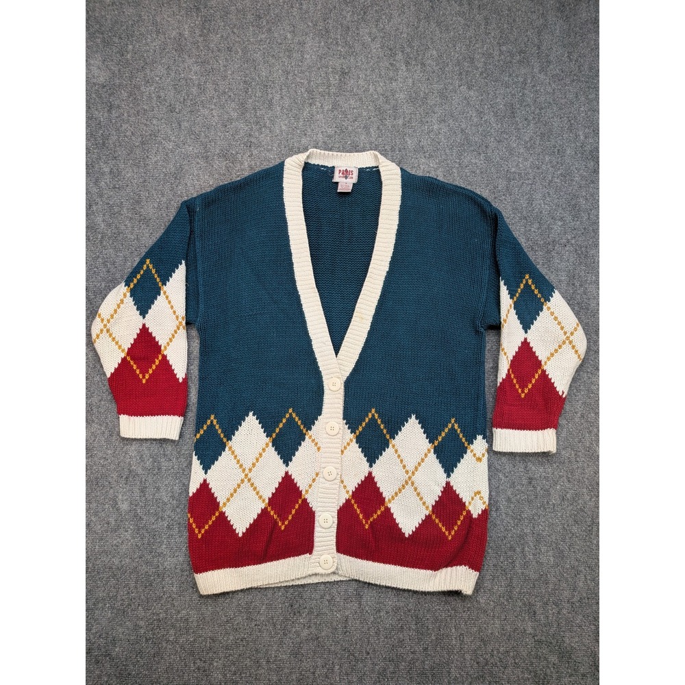 Vintage Paris Sport Argyle Cardigan Sweater Thick Medium Granny Academia Preppy